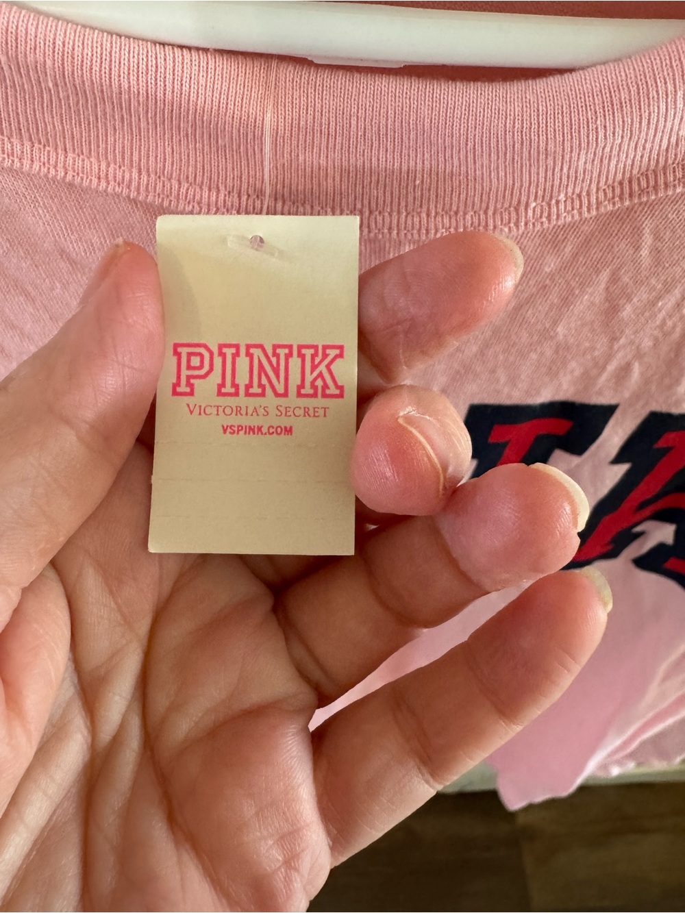 PINK Victoria's Secret Long Sleeve Logo Tee in Light Pink with Navy Trim - Picture 2 of 5